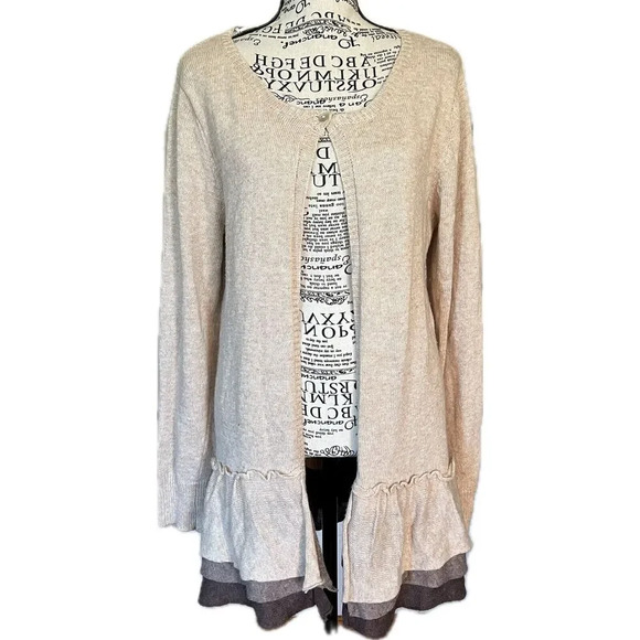 Anthropologie Sweaters - Anthropologie Mystree Size L Ruffle Hem Cashmere Cardigan Sweater Boho Neutral